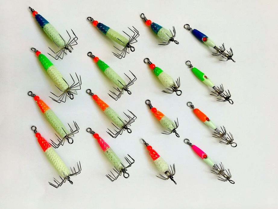 Squid jigs for east coast and west coast squid fishing, glow in dar (MA, WA, FL)